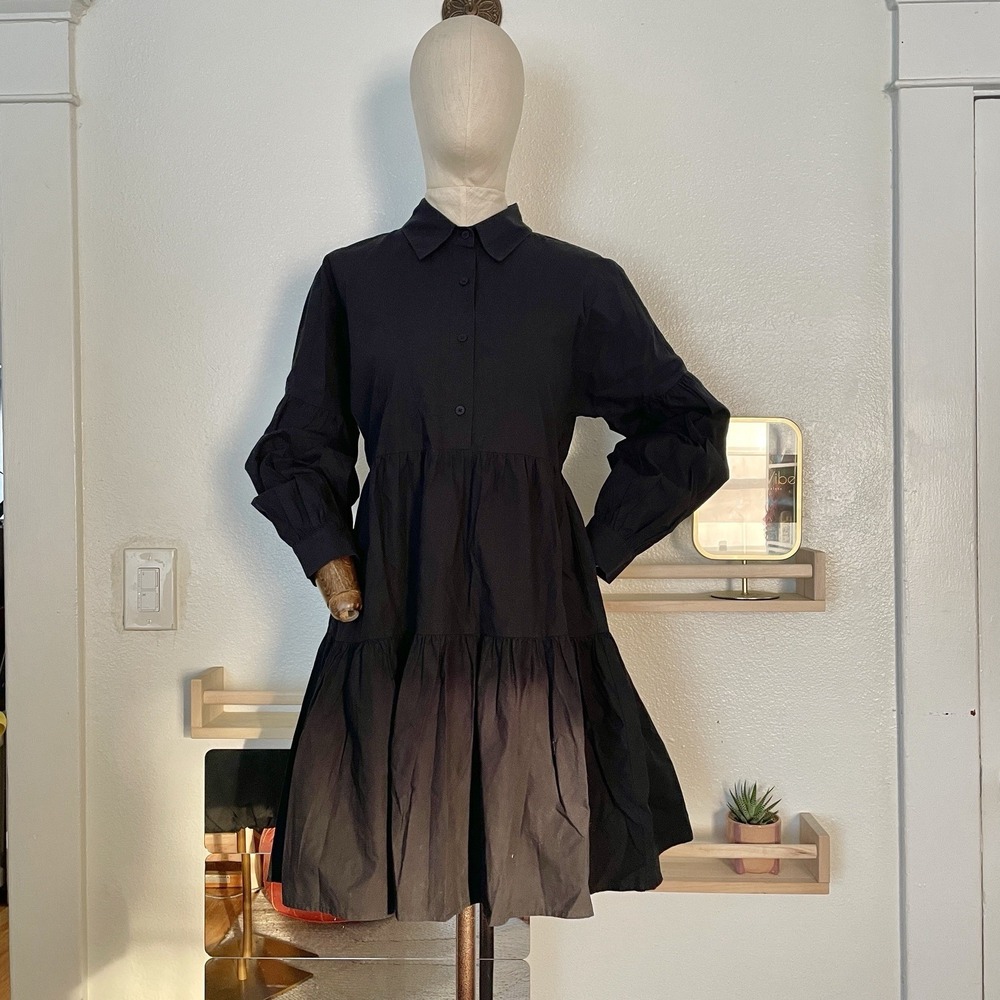 Collard Button Front Tiered Dress‎ Black XS